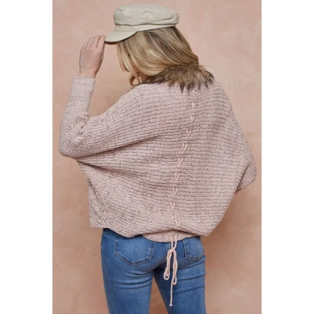 Faux Fur Trim Brown Cable Knit Cardigan | Boho Grunge Fairy Cottagecore Cozycore - Picture 7 of 16